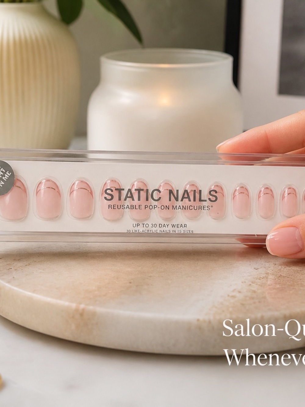 Static Nails Reusable Pop-On Manicures – Nude Pink with Silver Accent